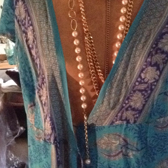 Silk wrap front dress turquoise print - Picture 5 of 5